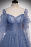 Blue Tulle Beading Long Prom Dresses, A-Line Formal Evening Dresses HZ1024