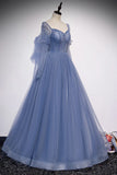 Blue Tulle Beading Long Prom Dresses, A-Line Formal Evening Dresses HZ1024