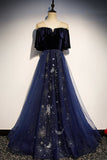 Elegant Navy Blue Applique Velvet Tulle Vintage A-Line Long Prom Dress Evening Dress HZ1024