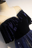 Elegant Navy Blue Applique Velvet Tulle Vintage A-Line Long Prom Dress Evening Dress HZ1024