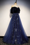 Elegant Navy Blue Applique Velvet Tulle Vintage A-Line Long Prom Dress Evening Dress HZ1024