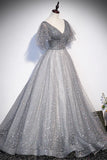 Grey V-Neck Tulle Long Prom Dresses, A-Line Evening Dresses HZ1024
