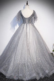Grey V-Neck Tulle Long Prom Dresses, A-Line Evening Dresses HZ1024