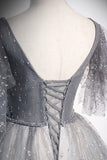 Grey V-Neck Tulle Long Prom Dresses, A-Line Evening Dresses HZ1024