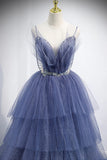 Blue Layers Tulle Long Prom Dresses, A-Line Spaghetti Straps Evening Dresses HZ1024