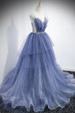 Blue Layers Tulle Long Prom Dresses, A-Line Spaghetti Straps Evening Dresses HZ1024