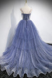 Blue Layers Tulle Long Prom Dresses, A-Line Spaghetti Straps Evening Dresses HZ1024