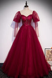 Burgundy Tulle Beading Long Prom Dresses, A-Line Formal Evening Dresses HZ1024