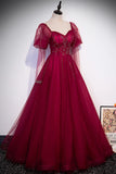 Burgundy Tulle Beading Long Prom Dresses, A-Line Formal Evening Dresses HZ1024