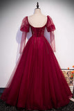Burgundy Tulle Beading Long Prom Dresses, A-Line Formal Evening Dresses HZ1024