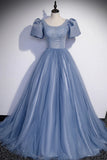 Blue Tulle Beading Long Prom Dresses, A-Line Short Sleeve Evening Dresses HZ1024