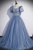Blue Tulle Beading Long Prom Dresses, A-Line Short Sleeve Evening Dresses HZ1024