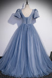 Blue Tulle Beading Long Prom Dresses, A-Line Short Sleeve Evening Dresses HZ1024