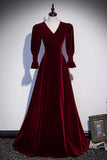 Burgundy Velvet Long Prom Dresses, A-Line Long Sleeve Evening Dresses HZ1024