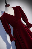 Burgundy Velvet Long Prom Dresses, A-Line Long Sleeve Evening Dresses HZ1024