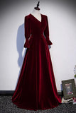 Burgundy Velvet Long Prom Dresses, A-Line Long Sleeve Evening Dresses HZ1024