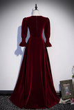 Burgundy Velvet Long Prom Dresses, A-Line Long Sleeve Evening Dresses HZ1024
