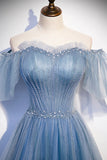 Blue Tulle Beading Long Prom Dresses, A-Line Evening Party Dresses HZ1024