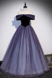 Purple Velvet Tulle Long Prom Dresses, A-Line Off the Shoulder Evening Dresses HZ1024