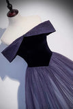 Purple Velvet Tulle Long Prom Dresses, A-Line Off the Shoulder Evening Dresses HZ1024