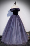 Purple Velvet Tulle Long Prom Dresses, A-Line Off the Shoulder Evening Dresses HZ1024