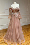 A-Line Tulle Lace Long Prom Dresses, Off the Shoulder Lace Formal Dresses HZ1024