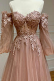 A-Line Tulle Lace Long Prom Dresses, Off the Shoulder Lace Formal Dresses HZ1024