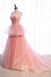 Pink Tulle Long Prom Dresses, A-Line Evening Dresses HZ1024