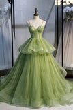 Green Tulle Long Prom Dresses, A-Line Evening Dresses with Train HZ1024