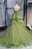 Green Tulle Long Prom Dresses, A-Line Evening Dresses with Train HZ1024