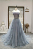 Gray Tulle Beading Long Prom Dresses, A-Line Strapless Evening Dresses HZ1024