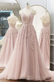Previous Next Pink Tulle Lace Long Prom Dresses, A-line Spaghetti Strap Evening Dresses HZ1024