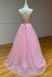 Previous Next Pink V-Neck Tulle Long Prom Dresses, A-Line Backless Evening Dresses HZ1024