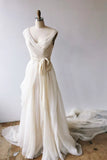 Champagne Chiffon Long Prom Dresses, A-Line V-Neck Evening Dresses HZ1024
