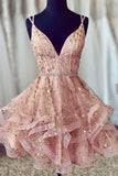 Pink V-Neck Tulle Short Prom Dresses, A-Line Mini Party Dresses HZ1024