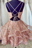Pink V-Neck Tulle Short Prom Dresses, A-Line Mini Party Dresses HZ1024