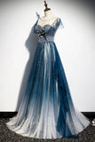 Blue Tulle Long Prom Dresses, A-Line Formal Evening Dresses HZ1024