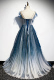Blue Tulle Long Prom Dresses, A-Line Formal Evening Dresses HZ1024