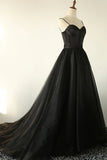 Black A-Line Spaghetti Strap Long Prom Dresses, Black Evening Dresses HZ1024