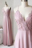 Pink Chiffon Lace Long Prom Dresses, V-Neck Spaghetti Strap Party Dresses HZ1024