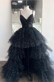 Black V-Neck Tulle Long Prom Dresses, High Low Evening Party Dresses HZ1024