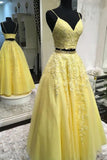 Yellow Lace Long Prom Dresses, Two Pieces Evening Dresses HZ1024