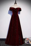 Burgundy Velvet Long Prom Dresses, Off the Shoulder Evening Dresses HZ1024