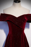 Burgundy Velvet Long Prom Dresses, Off the Shoulder Evening Dresses HZ1024