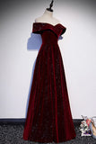 Burgundy Velvet Long Prom Dresses, Off the Shoulder Evening Dresses HZ1024