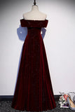 Burgundy Velvet Long Prom Dresses, Off the Shoulder Evening Dresses HZ1024
