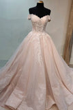 Pink Lace Long Prom Dresses, A-Line Off the Shoulder Evening Dresses HZ1024