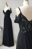 Black Chiffon Lace Long Prom Dresses, A-Line Evening Dresses HZ1024