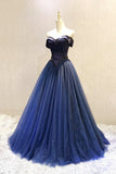 A-Line Tulle Beading Long Prom Dresses, Off the Shoulder Evening Dresses HZ1024
