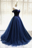 A-Line Tulle Beading Long Prom Dresses, Off the Shoulder Evening Dresses HZ1024